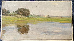 Signed Oil Painting Dated 1950 Shore View With Village In The Distance Water