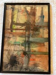 Vintage abstract PAINTING original watercolor the Basement creepy spiders