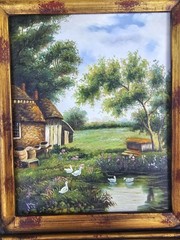 Framed Vintage American Cottage Ducks On Water Landscape Oil On Board Painting