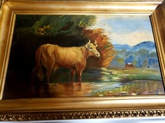 Antique 1850s COW painting Oil On Board