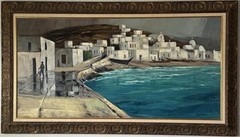 RALPH HULETT VINTAGE MODERN OCEAN LANDSCAPE OIL PAINTING OLD CUBISM SURREALISM