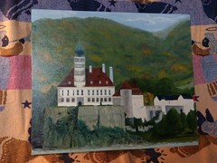 Vintage Signed Painting Schönbühel Castle Austria Folk Art Style Decor Landscape
