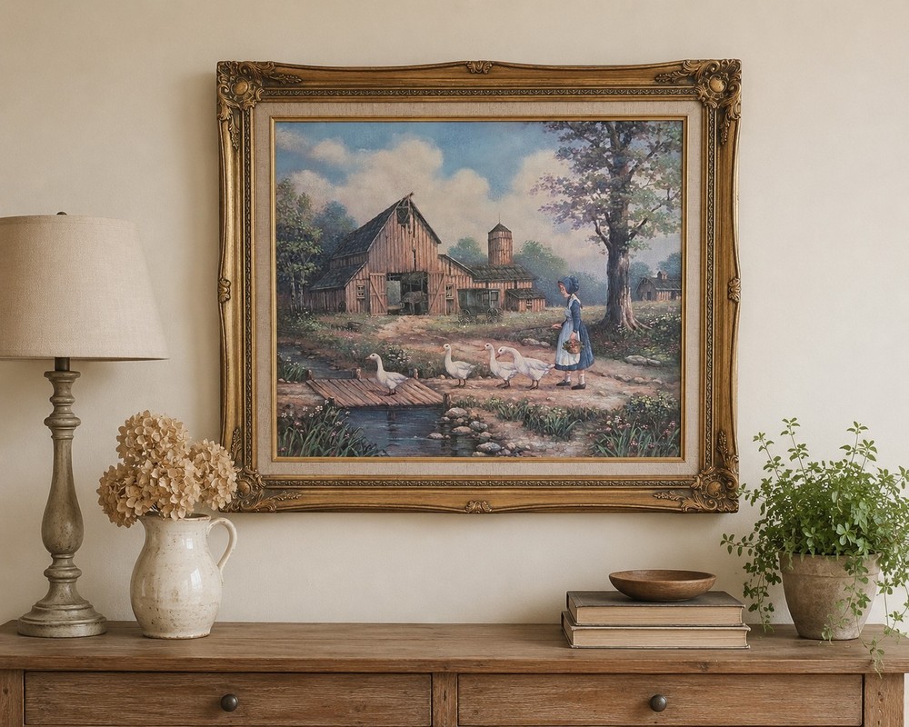 C Carson Oil Painting Farm Scene Barn Ducks Signed Gold Framed 29×26