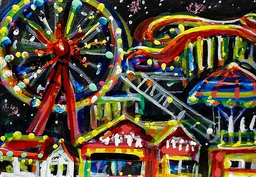 ORIGINAL ACEO Painting CARNIVAL Fair Amusement Park Fireworks Rides Fun ATC ART