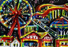 ORIGINAL ACEO Painting CARNIVAL Fair Amusement Park Fireworks Rides Fun ATC ART
