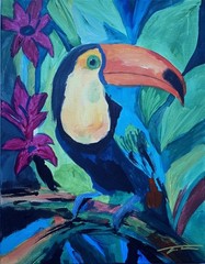 Colorful Toucan Tropical Bird Acrylic Abstract Original Art 14×11 Canvas
