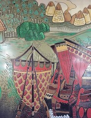 Gorgeous Hand-Carved Wood Panel Painting „Seaside Landscape“ 48″ X 36″