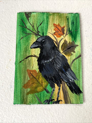 ACEO Original, Crow Painting, watercolor collection Autumn Leaves black bird