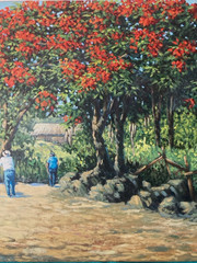 Jorge Romero vintage 80’s painting Campo y Flamboyanes -Puerto Rico Art Latin Am