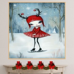 Christmas Girl Red Antler Hat Ice Skating Flat Rolled, Framed Or Wrapped Canvas