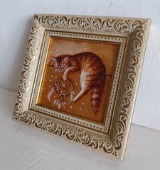 Sweet Sleeping Ginger Cat Framed Original Oil Painting 4×4 in