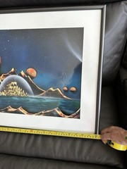 1998 Simon Signed Framed Original Art Acrylic Surreal Pyramids Planets Space