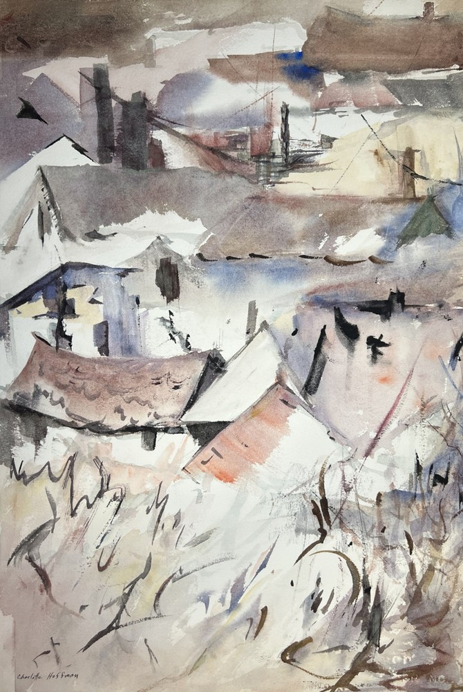 Little Town Landscape–Medium Size Watercolor–Charlotte Hoffman-Mid 20th C NY Art