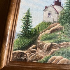 Signed Acrylic Painting Bass Harbor Lighthouse Acadia Maine 1977 Ronald Mitchell
