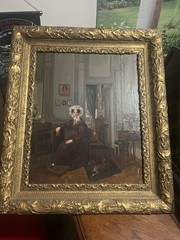 Antique 19th C. Oil Painting Portrait Woman in Lace Bonnet with Dog Gilt Frame