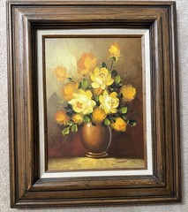 Vintage Estate Floral Oil Painting Signed Johnson Yellow Orange Roses Framed
