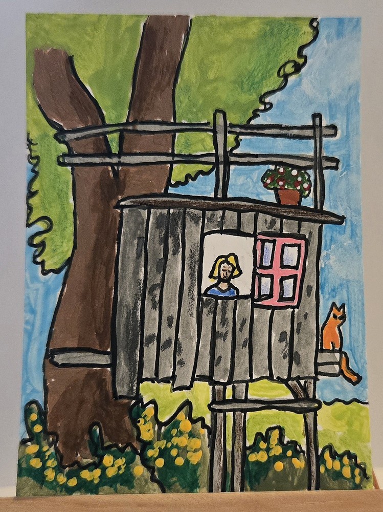 ACEO Original Painting Kid Orange Cat Treehouse Girl Child Backyard Jungle Art
