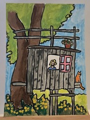 ACEO Original Painting Kid Orange Cat Treehouse Girl Child Backyard Jungle Art