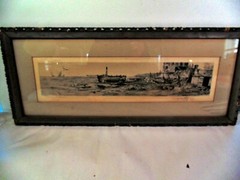 19.5 x 5 Carl Zeller Pen and Ink(?) Seascape in Vintage Frame Wood Backed
