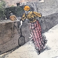 Etched Engraved Painting of Tennis Match by Edwin Abbey on Porcelain 1887