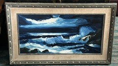 Vintage Oil Painting Stormy Seascape Ocean Scene Moonlite Crashing Waves Rocks