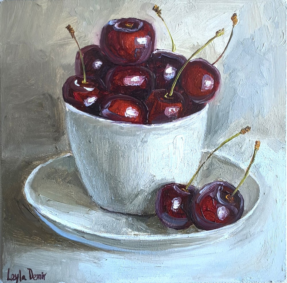 Sweet ripe cherry fruit still life oil painting 6×6″