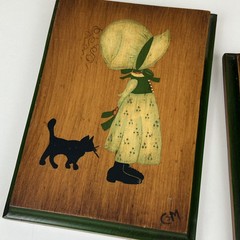 2 Vintage Hand Painted Child & Black Cat Wooden Art Wall Plaque Hanging Decor