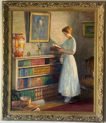 WILLIAM JOHN EDMONDSON ANTIQUE ROARING 20s WOMAN INTERIOR OIL PAINTING VINTAGE