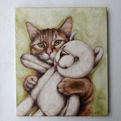 Cat Hugging Teddy Bear Original Oil Painting on Stretched Canvas 12*13″