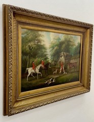 Stunning Antique Large Royal Fox Hunting Scene Signed W/Heavy Wood Gold Framed