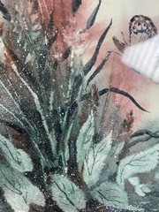Original Watercolor Signed V. Mueller Butterfly And Flowers Leaves Plant Green