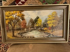 Wooden Bridge Over Fall Forest Stream Oil Painting – Framed, Signed 17” By 10”