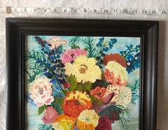 Vintage Hand Painted Acrylic Painting Colorful Flowers In Vase 15×19” Wood Frame