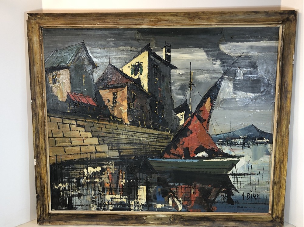 Original Oil Canvas Painting Akos Biro Modernist Impressionist Dock Scene Signed