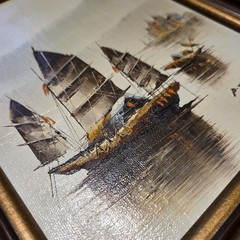 P. Wong Chinese Fishing Junk Boats Oil on Canvas Painting Nautical Brass Frame