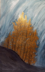 Original watercolor paINTING Waterfall and golden trees landscAPEGIFT11,5X7,7IN