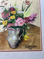 R Habermann 1966 „Still Life With Flowers Scene“ Gouache Painting -Signed/Framed