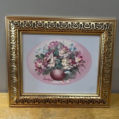 Vtg P. Keeling Signed Floral Oil Painting Impasto Peonies Gold Frame 12×10