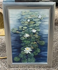 Large Marsh Lilies White Flowers Lily Pads Watercolor Painting Signed „Yoka“