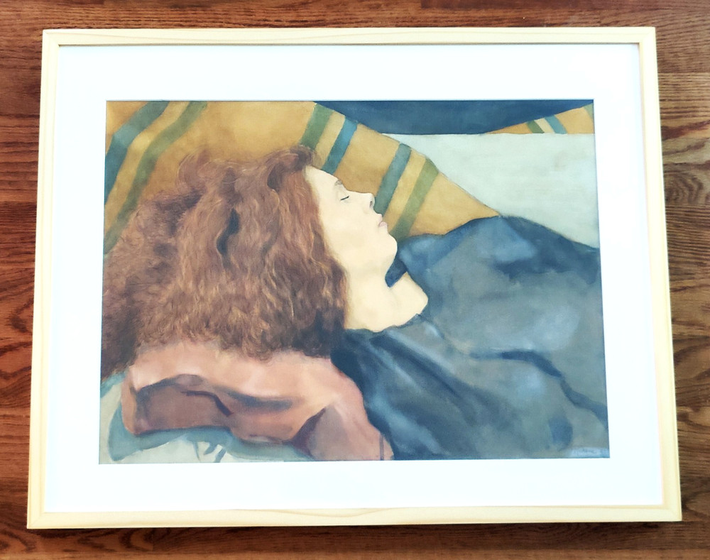 Vintage Watercolor Painting Red Headed Woman Sleeping Large Signed A. Pickens