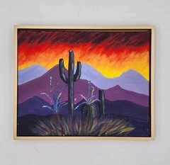Original Arizona Desert Sunset Painting 16×20 Framed Saguaro Cactus Southwest