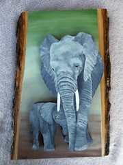Hand Painted Elephant & Baby Wood Cut-Out On Live Edge Basswood By Phyllis