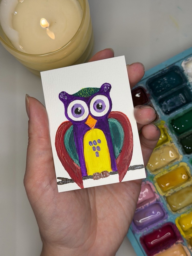 ACEO Original Watercolor Painting 2.5×3.5in/ Dopamine Owl/ Mini art