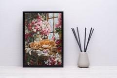 Orange Cat Original Art Still Life Wall Art Animal Oil Pastels Art Flowers Art