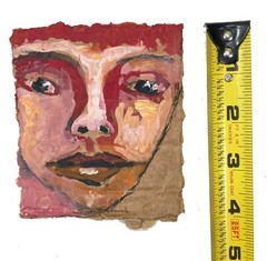 Original Outsider Art Primitive Red Hair Portrait Painting Torn Cardboard Art