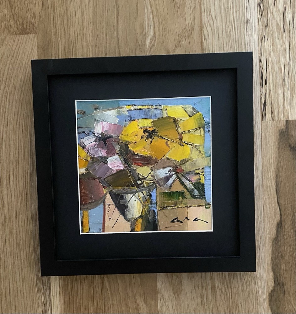 Original Abstract Still Life Framed On Canvas Colorful Yellow Black