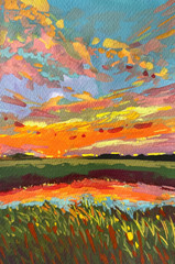 Abstract Sunset Landscape Painting Original Impressionist Collectible Signed Art