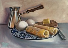 Breakfast Oil Painting Still Life 25x35cm Coffee Eggs Bread Cheese Wall Art
