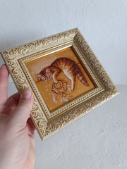 Sweet Sleeping Ginger Cat Framed Original Oil Painting 4×4 in