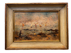 Antique Impressionist Rare Oil Painting – People Beach Ship – Mystery STEVENS ?